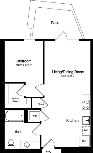 Floor plan 1 Bedroom A1 with Patio
