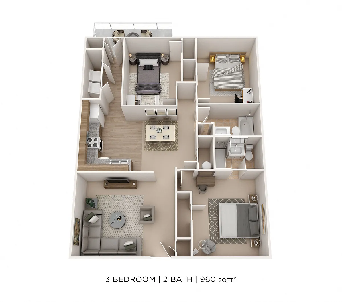 Floor plan Three Bedroom 2 Bath