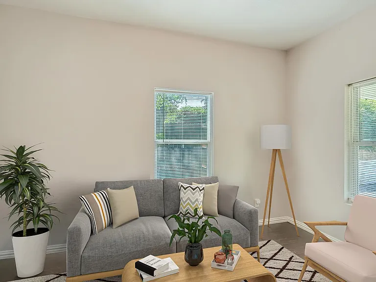 This image shows a virtually furnished space. This space comes unfurnished.