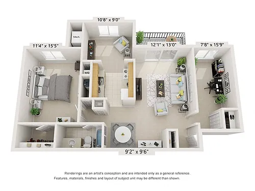 Floor plan 1Bed 1Bath Den