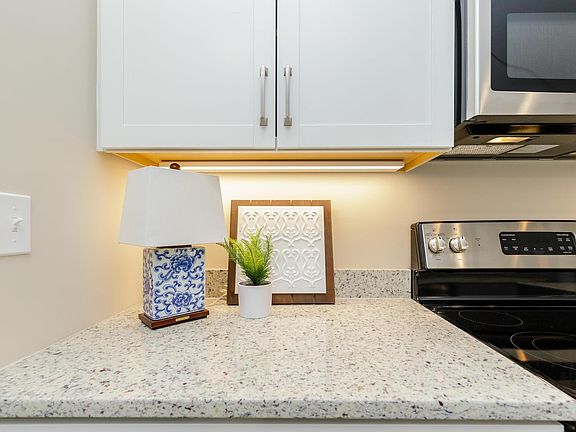 Quartz countertops with Under Cabinet Lighting.