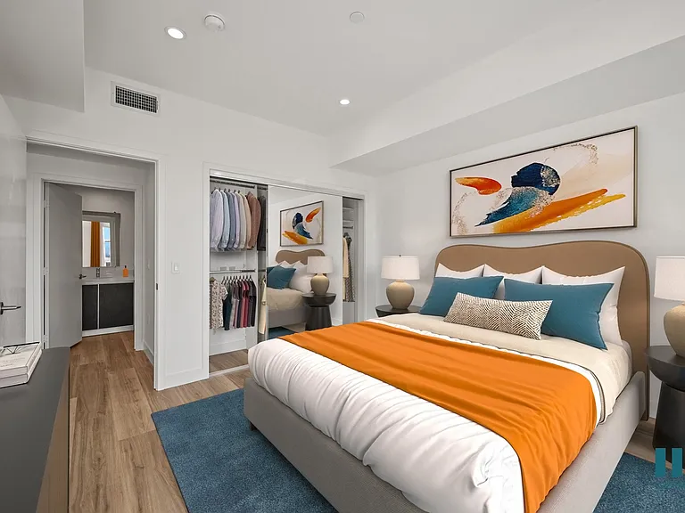 Large-Size Bedroom with a Mirrored Closet, Bathroom, Recessed Lighting, and Vinyl Flooring - Peach Floor Plan