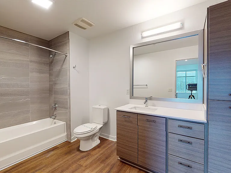 Apartment Bathroom with wood-style flooring.