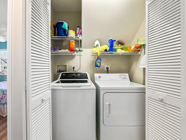 In-home washer and dryer provide added convenience for extended stays and everyday living.