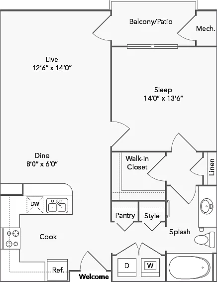 Ashland 1 Bed x 1 Bath Floorplan Ashland 1 Bed x 1 Bath Floorplan
