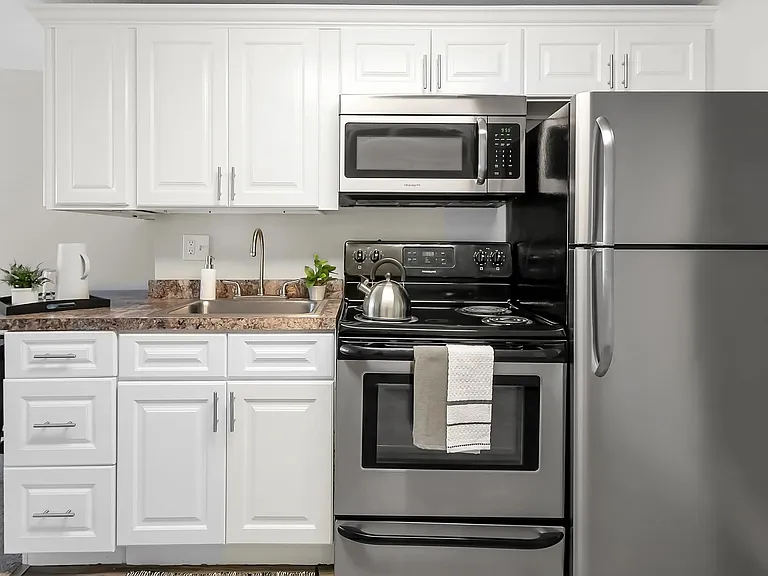 Savor the excellence of our renovated kitchens, featuring a brand-new stainless steel appliance package that encompasses a stove, microwave, refrigerator, and dishwasher along with modern, plentiful cabinetry for storage.