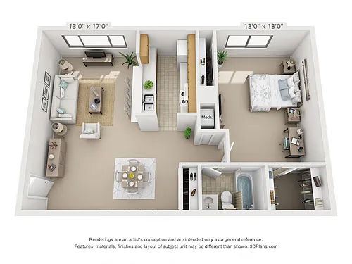 Floor plan 1 Bedroom, 1 Bath (Balcony)