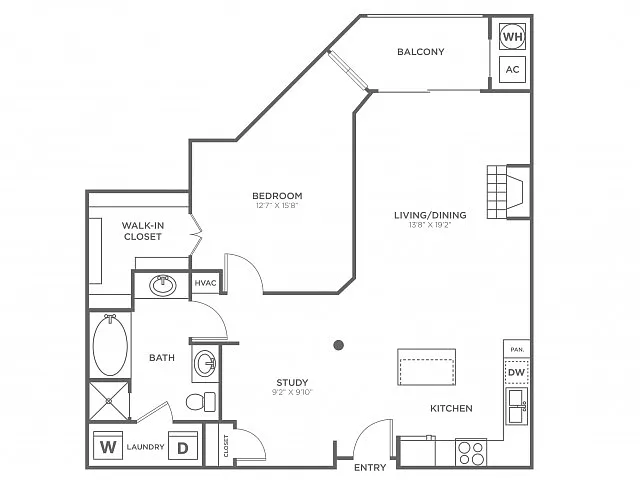 Floor plan 1 Bedroom 1 Bath (991 SF)