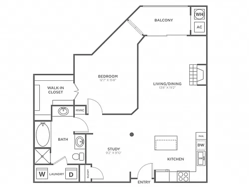 Floor plan 1 Bedroom 1 Bath (991 SF)