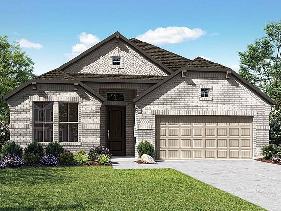 Elevation D is a full brick home design with herringbone brick accents and slice hip feature at roof