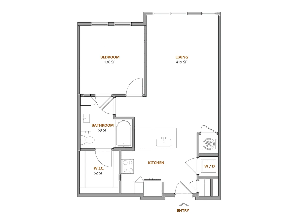 Floor plan 1 Bed, 1 Bath D (120% Income Restricted)