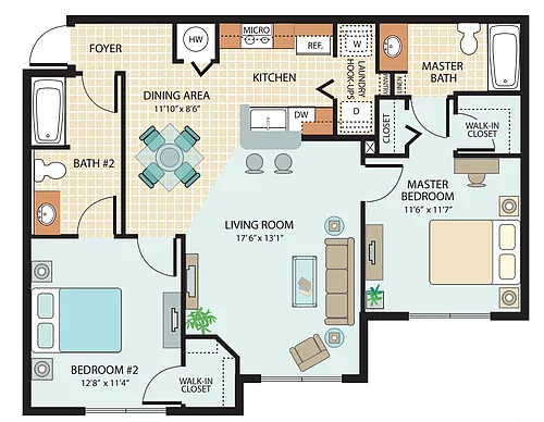 Floor plan 2 Bed, 2 Bath