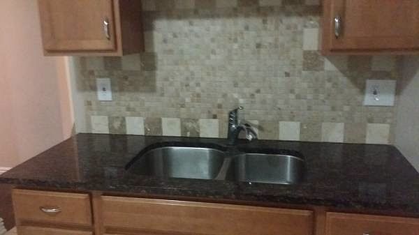 Granite countertops, gorgeous backsplash behind the double-s