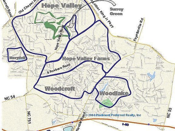 Woodcroft in relation to other South Durham neighborhoods