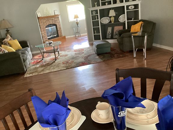 Dining, living room den fire place