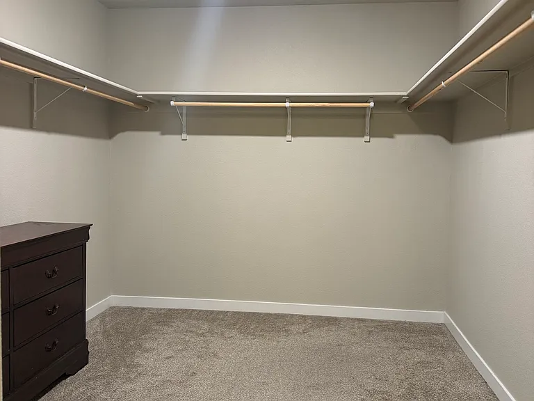Wide view of primary room large walk-in closet with plenty of hanging space and shelving.