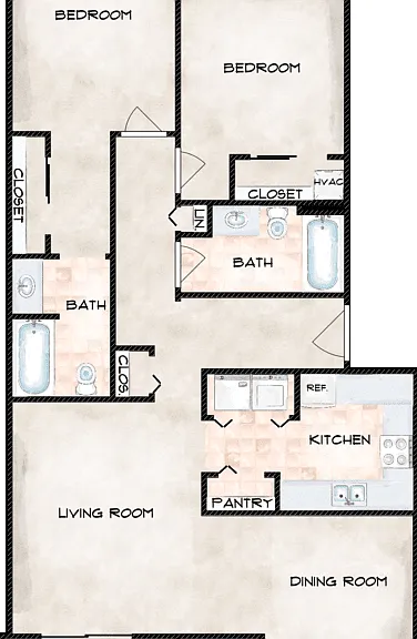 2 Bed 2 Bath Floorplan Diagram