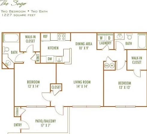 The Sage floor plan with 2 bedrooms, 2 baths, spacious living room, modern kitchen, and expansive patio, 1227 square feet. The Sage floor plan with 2 bedrooms, 2 baths, spacious living room, modern kitchen, and expansive patio, 1227 square feet.