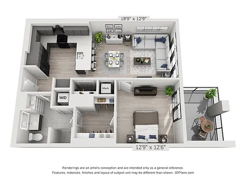 Floor plan One Bedroom One Bath Penthouse (865 SF)