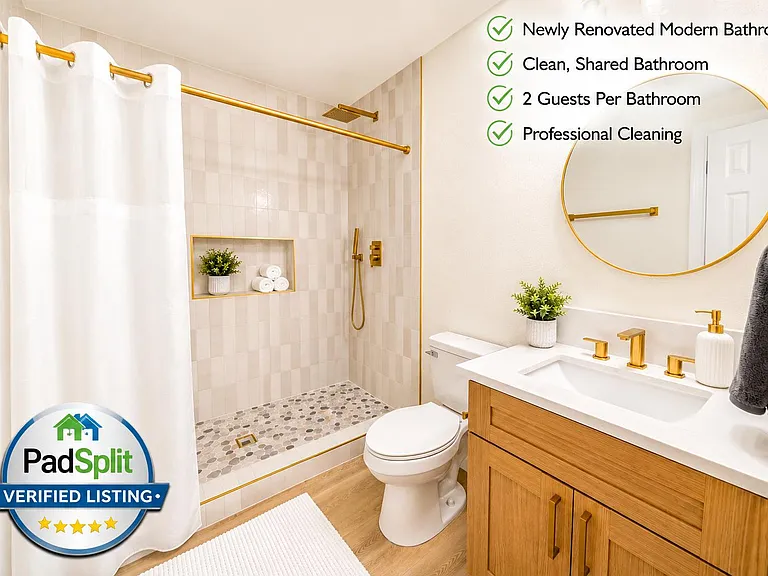 Renovated shared bath with tiled walk-in shower, pebble floor, and a single-sink vanity with ample storage.