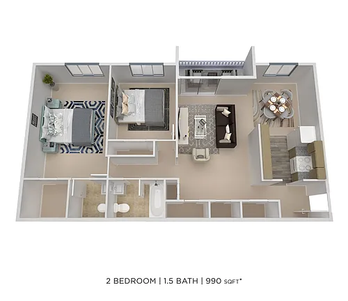 Floor plan Two Bedroom 1.5 Bath-990 sqft