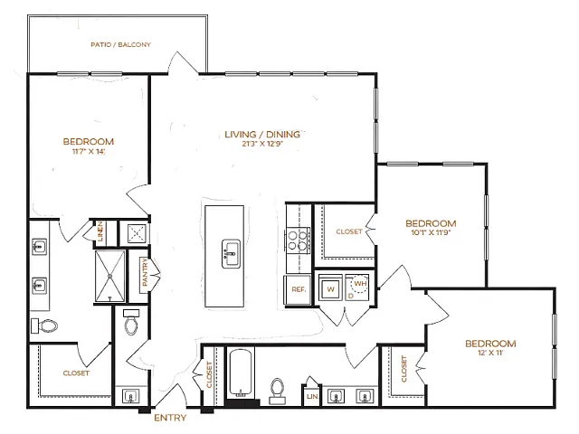 Floor plan 3 Bed, 2.5 Bath A (80% Income Restricted)