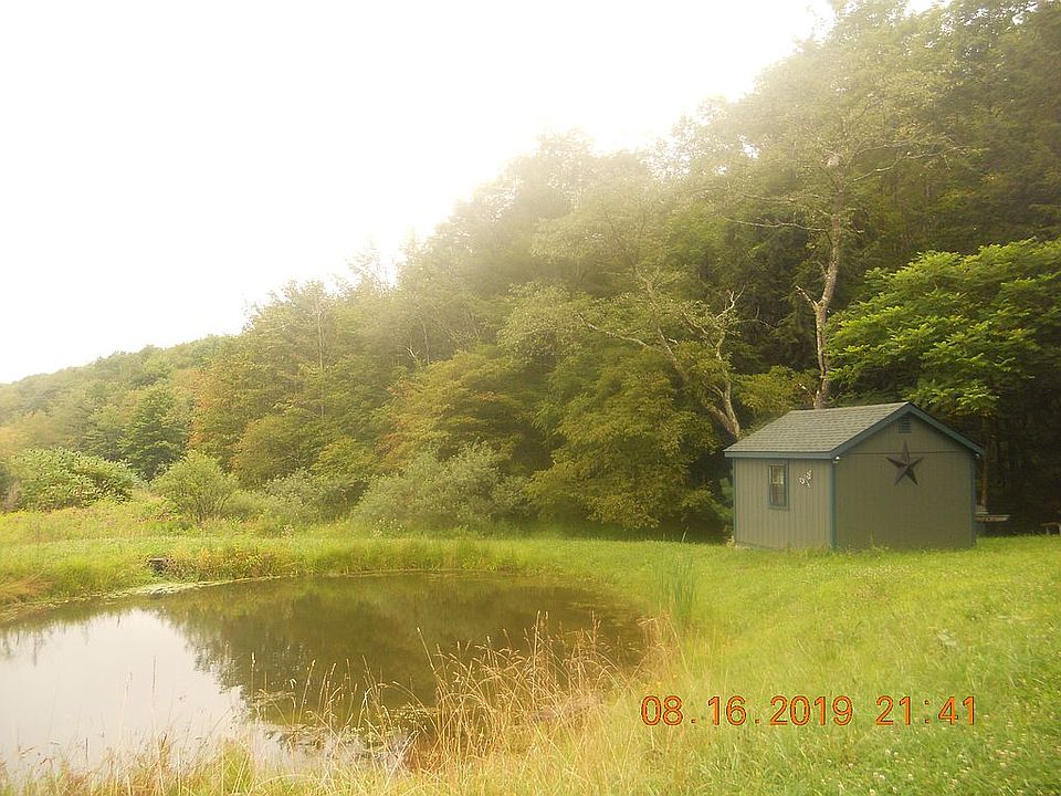 Pond with cabin.