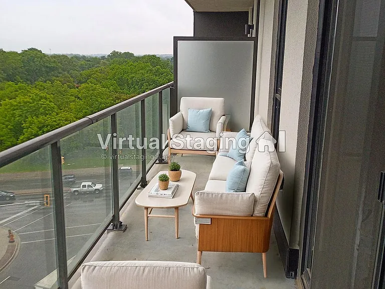 Balcony staged offers insight as to the large abundance of space and privacy offered here . Can you envision yourself relaxing here ?