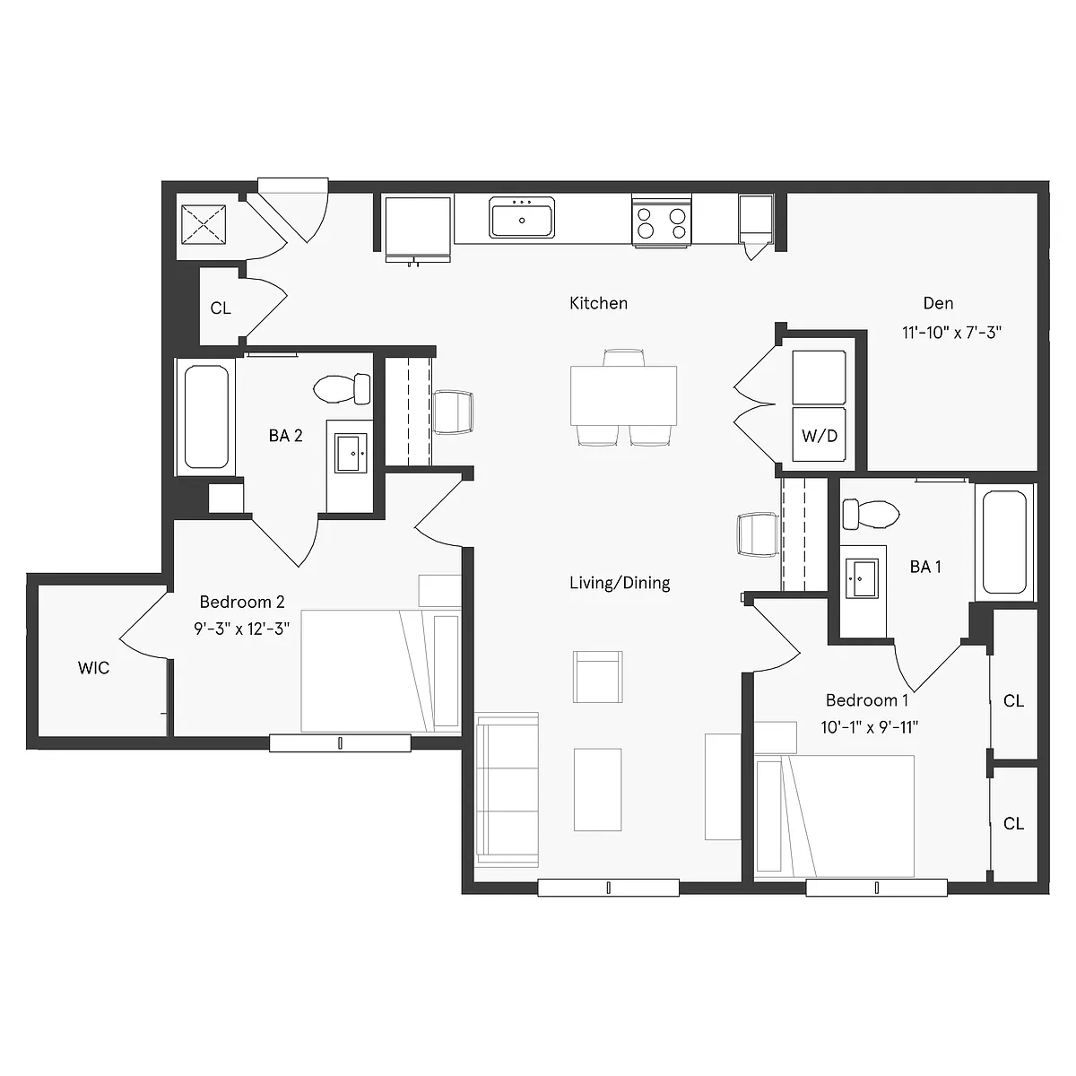 Floor plan 2x2B + Den
