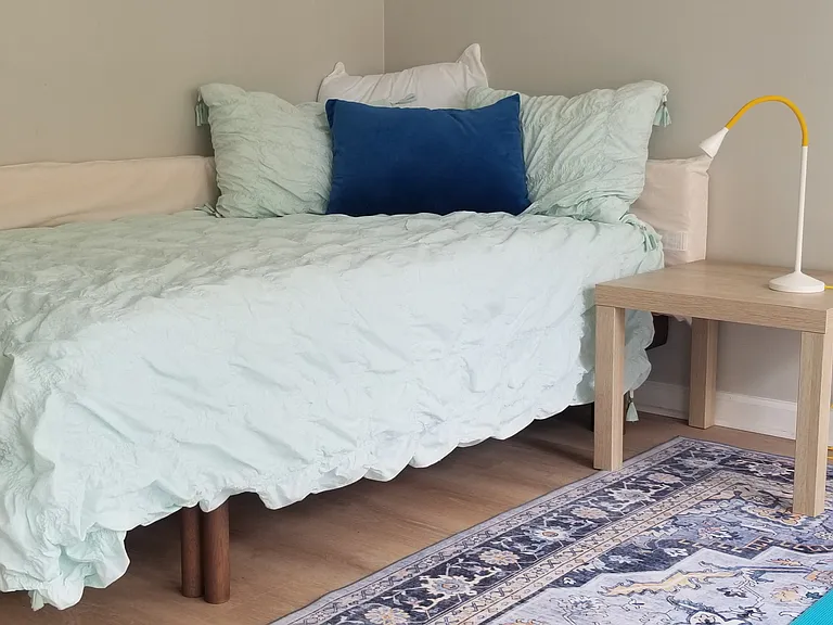 New carpet, nightstand and lamp