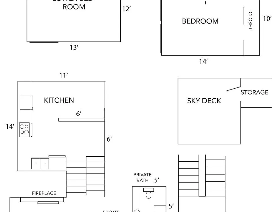 Floor plan of 2235 Goss. Note that there is a sink in the lower bedroom of 2235 Goss, but not in the other three units