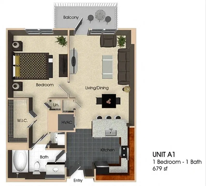 Floor plan (A1) 1 Bedroom - 1 Bathroom