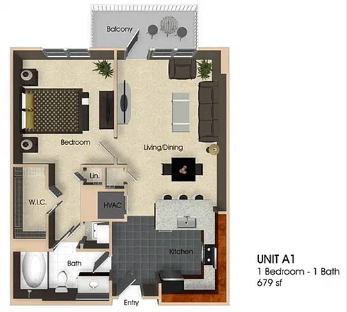 Floor plan (A1) 1 Bedroom - 1 Bathroom