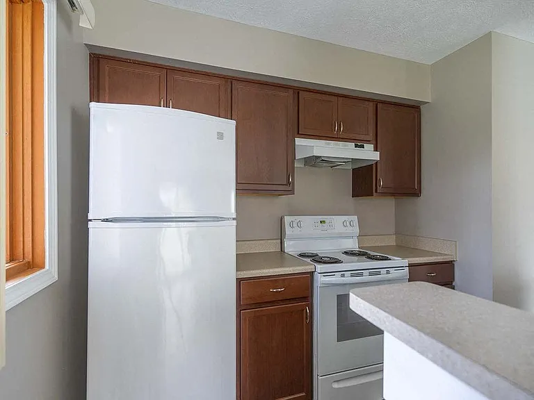 View of kitchen showing electric stove, refrigerator, and wood cabinetry