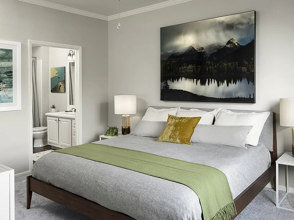 Spacious apartment bedroom with carpeted floors overlooking bathroom.