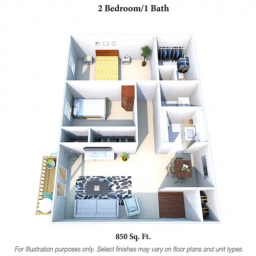 Floor plan 2 Bedroom 1 Bath - 850SqFt