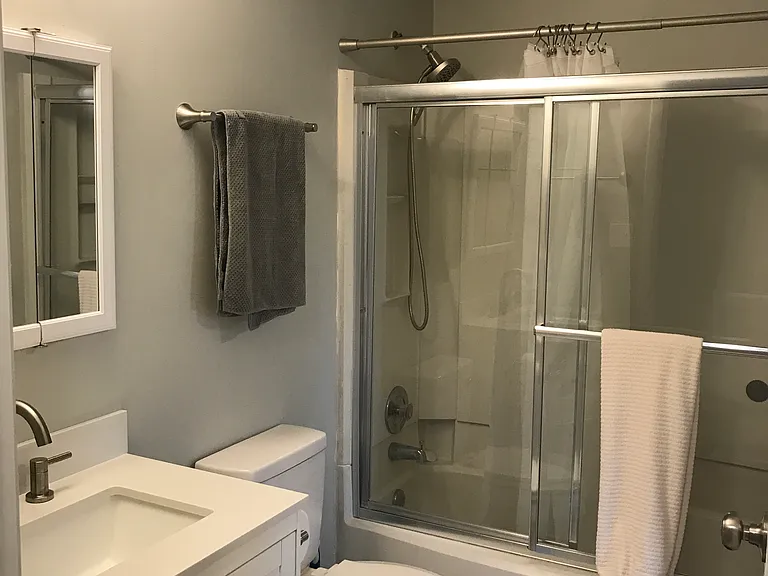 Upstairs shower. Shower head is on extension hose to aid in cleaning