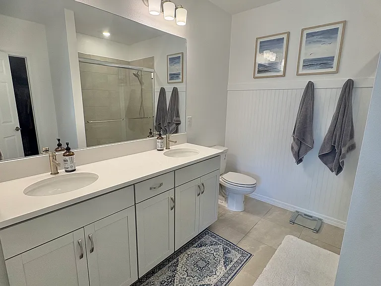 Primary bath with double sink vanity, shower, and access to walk-in closet.