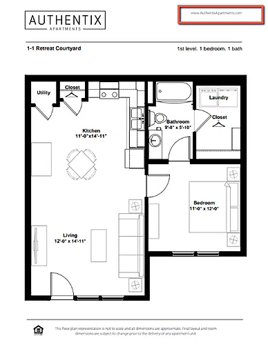 Floor plan 1 Bed 1 Bath Retreat Courtyard
