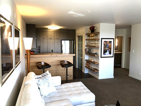 Sleek kitchen with stainless appliances and a breakfast bar opens into a spacious living area, framed by custom built-in shelving.