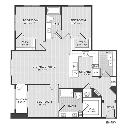 Floor plan 3BR 2BA (1408 SF)