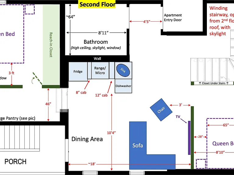 Note dining area near door to porch. As indicated in an earlier picture, you could also put the dining area over by the stairs to the master suite.