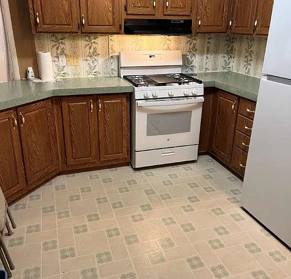 Loads of cabinets. New gas range and new refrigerater.