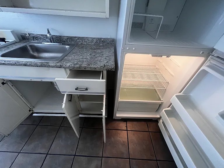 Clean refrigerator and storage under kitchen sink.