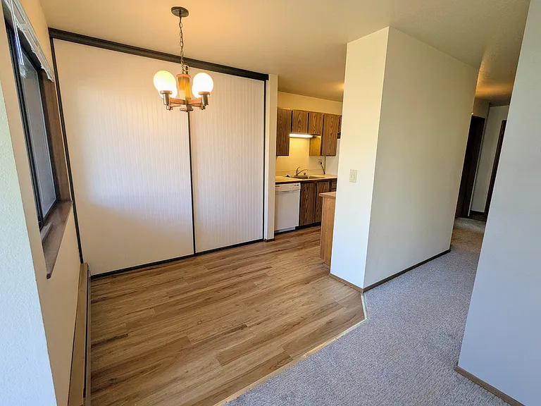 Dining room with enormous closet and microwave connected to kitchen