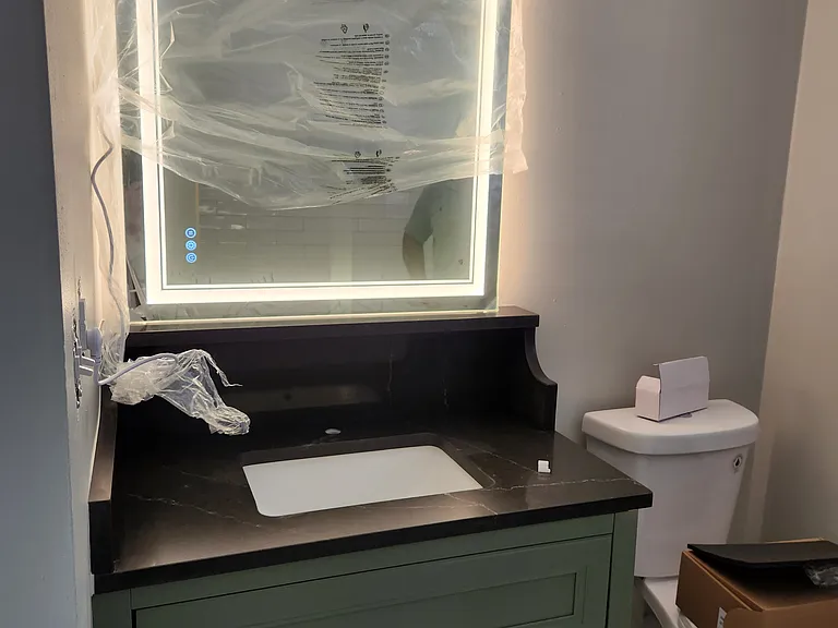 CHOICE OF BRIGHT WHITE OR WARM LED AND DE-FOGGER CONTROL ON MIRROR AWAITING BRASS FIXTURES AND TOWEL RACK AND GLASS SHELF OVER TOILET,LED BATHROOM LIGHT AND EXTRACTOR FAN
