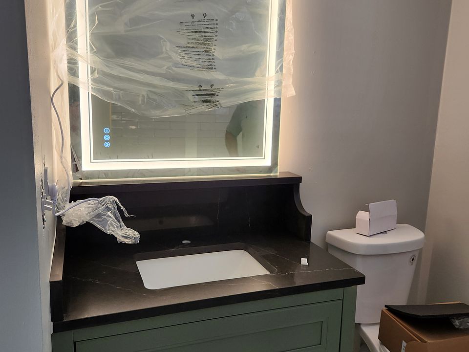 CHOICE OF BRIGHT WHITE OR WARM LED AND DE-FOGGER CONTROL ON MIRROR AWAITING BRASS FIXTURES AND TOWEL RACK AND GLASS SHELF OVER TOILET,LED BATHROOM LIGHT AND EXTRACTOR FAN