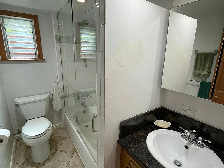 Bathroom with combination shower and bathtub.