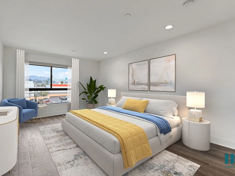 Spacious Bedroom with Vinyl Flooring, Recessed Lighting, and Large-Size Windows