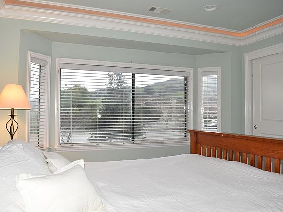 Beautiful master bedroom large enough for a king mattress with two large closets double sink vanity bathroom and crown moulding. Over looking the lush Morgan Hill mountains.